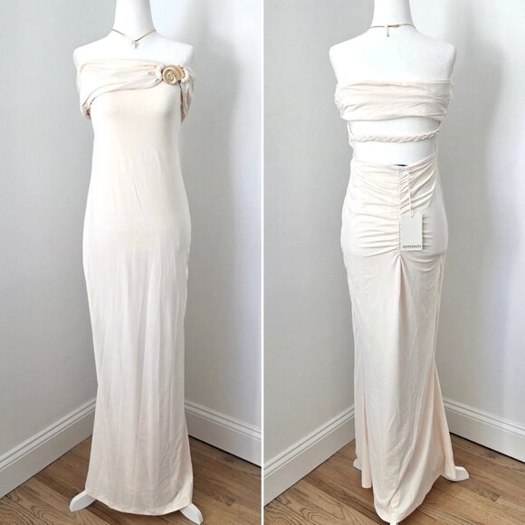 Peppermayo Illusion Maxi Dress Medium NWT Ivory Gold Shell Off Shoulder Bridal - Picture 2 of 15